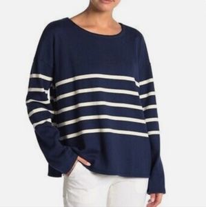 Eileen Fisher Large Organic Cotton French Stripes Navy White Sweater Top